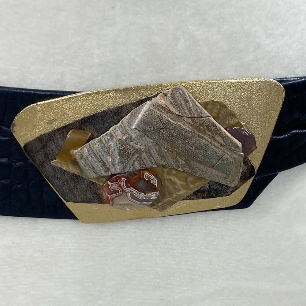 Vintage Wide Belt Womens Large Black Leather Metal Buckle USA Handmade Retro - Picture 2 of 9